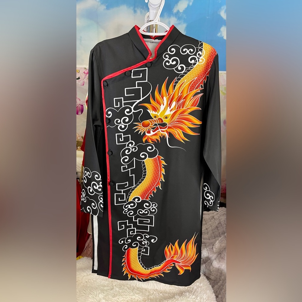 New ao dai nam lụa in, Vietnamese men’s contemporary long dress top black xl